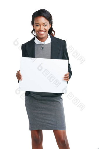 业务空白标志肖像黑色的女人微笑模型孤立的白色背景市场营销广告女人<strong>海报</strong>产品放置<strong>新闻</strong>公告工作室