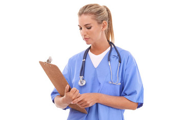 医疗保健医生女人剪贴板工作室纸形式规划白色背景护士图表健康专家阅读医疗文档医院诊所孤立的