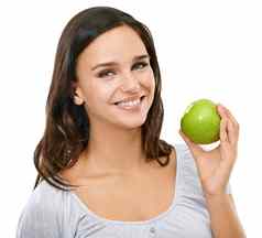 健康苹果微笑肖像女人营养饮食重量损失选择纤维食物维生素孤立的脸女孩吃水果健康有机自然工作室