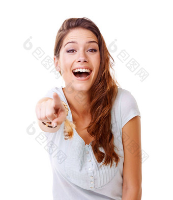 笑欺凌女人指出工作室白色背景幽默羞愧嘲笑身体语言肖像女孩点手指的态度粗鲁的反应笑笑话