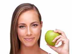 苹果健康肖像女人白色背景健康的生活方式化妆品幸福饮食消化脸女孩水果有机产品维生素营养