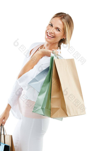 女人快乐购物袋时尚购物零售客户孤立的白色背景微笑肖像奢侈品设计师品牌衣服纸袋礼物折扣出售