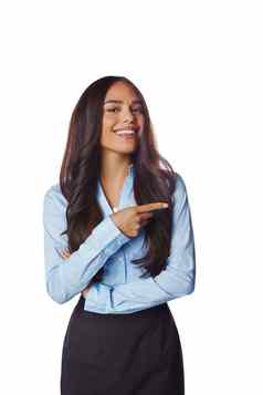 交易出售业务女人指出手指孤立的工作室白色背景手势空间快乐企业女显示复制空间模拟微笑