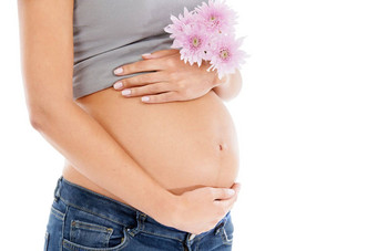 怀孕了花女人工作室健康健康有机护肤品白色背景黛西怀孕怀孕了女人手肚子护理美产品自然模型