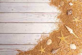 沙子贝壳背景夏天时间概念海贝壳海星木背景沙子