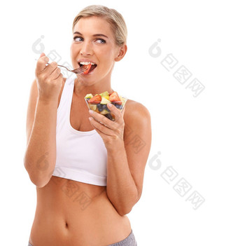饮食吃肖像女人水果沙拉健康的快乐孤立的白色背景健康水果沙拉美丽的快乐女人食物重量损失薄腰工作室