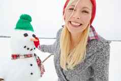 肖像雪女人建筑雪人瑞典冬天快乐假期女脸幸福圣诞节兴奋假期户外假期旅行自然