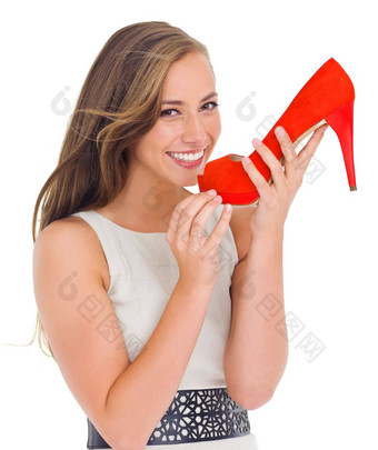 肖像时尚<strong>高跟鞋</strong>女人工作室孤立的白色背景零售客户出售购物风格高<strong>高跟鞋</strong>年轻的女持有鞋子消费者