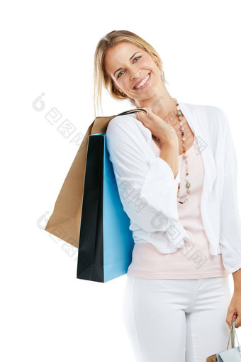 女人快乐购物袋购物零售时尚客户孤立的白色背景微笑肖像奢侈品设计师品牌衣服纸袋礼物折扣出售