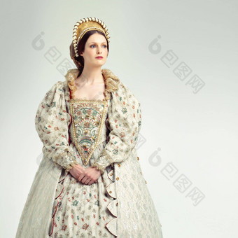 女王中世纪的文艺复兴时期的历史女人剧院莎士比亚戏剧孤立的白色背景维多利亚时代皇室古董衣服君主动漫真人秀女规则模型图片