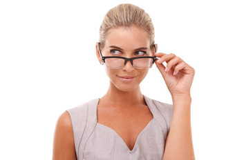 思考业务女人脸眼镜孤立的白色背景审查的想法招聘创新快乐好奇的企业工人愿景眼镜人类资源目标