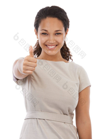 拇指满意度工作室肖像黑色的女人表情符号手势祝贺你工作赢家协议完成了快乐女孩手标志白色背景