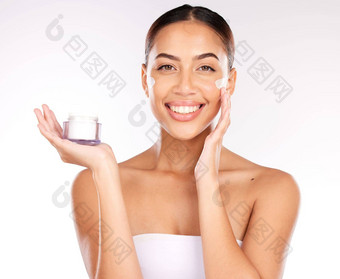 美护肤品脸奶油女人皮肤病学产品发光健康健康白色工作室背景肖像哥伦比亚模型微笑快乐结果化妆品模型