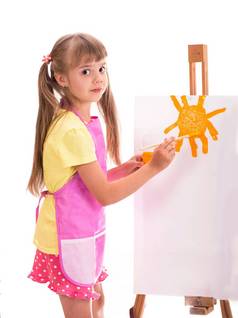 女孩吸引了房子太阳艺术家孩子女孩绘画白色背景