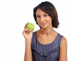 女人工作室肖像苹果饮食生活方式低胆固醇有机零食健康白色背景黑色的女人脸绿色水果营养能源健康背景