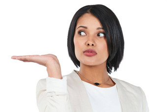 广告模型黑色的女人白色背景手交易折扣标志显示促销活动孤立的头像女孩展示新闻显示产品放置