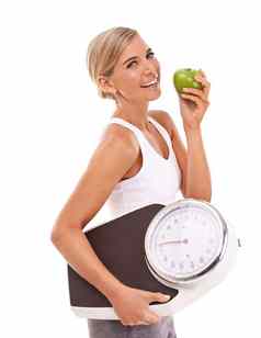 女人苹果携带规模饮食重量损失健康的营养白色背景肖像快乐孤立的女微笑有机维生素节食食物测量