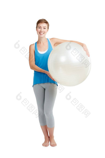 肖像锻炼女人健身球健康健康孤立的工作室白色背景锻炼培训适合快乐女准备好了健康的身体生活方式
