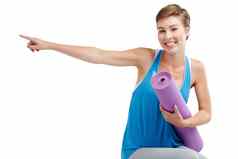 瑜伽指出女人孤立的白色背景培训齿轮产品放置模型快乐健身锻炼锻炼人普拉提体育肖像显示空间工作室