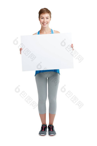 公告新闻肖像女人董事会孤立的白色背景工作室广告牌品牌女孩持有空白模型横幅空间广告背景