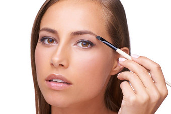 女人脸化妆眉刷美microblading睫毛膏白色背景肖像睫毛眼睛化妆品护理化妆品工具护肤品工作室