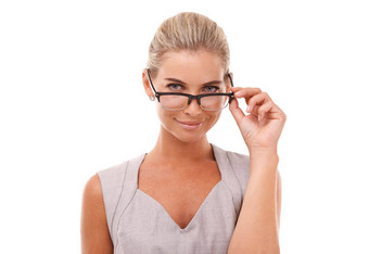 思考业务女人肖像眼镜孤立的白色背景审查的想法招聘创新微笑快乐企业工人愿景眼镜人类资源目标