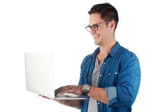 工作室移动PC业务男人。眼镜阅读新闻在线网站社会媒体孤立的白色背景数字技术软件电子邮件市场营销员工工人用户