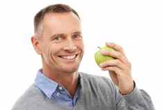 男人。工作室肖像吃苹果水果健康饮食健康孤立的白色背景模型人营养素食主义者食物健康的生活方式动机幸福