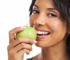 苹果牙齿女人吃工作室健康健康素食主义者饮食食物水果促销活动医疗保健护理黑色的女人水果选择营养肖像微笑
