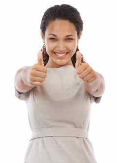 拇指满意度肖像快乐黑色的女人表情符号手势祝贺你工作赢家协议完成了工作室女孩手标志白色背景