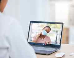 医生移动PC视频调用病人脖子疼痛科维德面具在线咨询办公室医疗保健专业互联网沟通女人病人受伤医疗建议