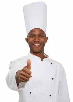 竖起大拇指烹饪肖像非洲老板给竖起大拇指