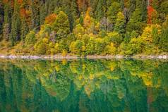 阿尔普湖湖反射巴伐利亚阿尔卑斯山脉金秋天巴伐利亚德国