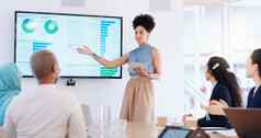 业务女人研讨会成功掌声平板电脑屏幕统计数据ppt信息图表团队支持业务会议黑色的女人演讲者市场营销统计数据