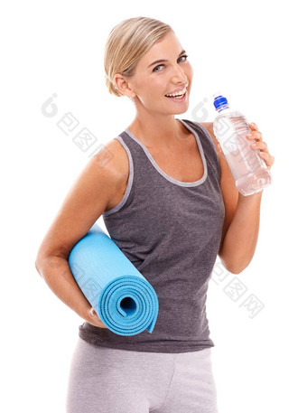 <strong>瑜伽</strong>席肖像女人水瓶身体护理水<strong>合作</strong>用健身锻炼普拉提工作室锻炼医疗保健健康培训健康女孩喝水白色背景
