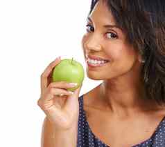黑色的女人工作室肖像苹果微笑营养饮食健康的胆固醇维生素吃背景女人快乐绿色水果健康能源健康背景