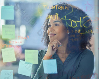 黑色的女人业务头脑风暴董事会邮件笔记的想法项目规划策略市场营销投资公司思考专业愿景创新计划