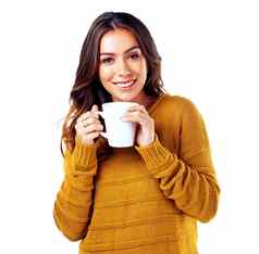 女人肖像喝咖啡孤立的白色背景市场营销空间广告模拟微笑快乐放松模型茶杯咖啡馆咖啡商店餐厅促销活动的想法