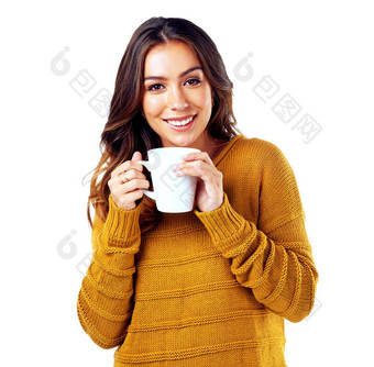 女人肖像喝咖啡孤立的白色背景市场营销空间广告模拟微笑快乐放松模型茶杯咖啡馆咖啡商店餐厅促销活动的想法
