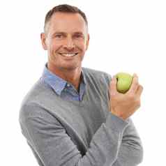 工作室肖像健康的饮食苹果水果健康吃健康孤立的白色背景模型人营养素食主义者食物好处微笑动机清洁吃