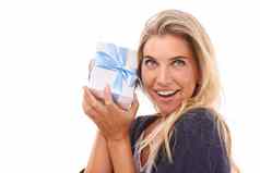 礼物盒子工作室脸女人惊喜生日现在奢侈品销售产品圣诞节礼物盒子购物模拟丝带快乐模型女孩孤立的模型白色背景