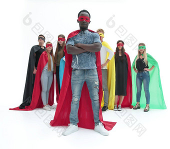 时尚的的家伙超级英雄角站前面团队