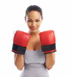 战斗脂肪团有趣的美丽的年轻的女人穿拳击手套