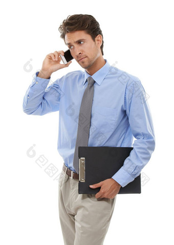 生病了工作室拍摄年轻的商人会说话的手机孤立的白色