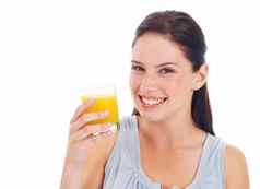 橙色汁工作室肖像女人玻璃喝水合作用液体排毒自然重量损失医疗保健健康营养学家饮料快乐模型孤立的白色背景