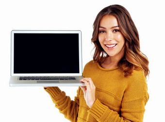 女人肖像移动PC模型屏幕孤立的白色背景大学网络<strong>学习</strong>视频调用电子商务微笑快乐模型技术模拟标志品牌数字市场营销
