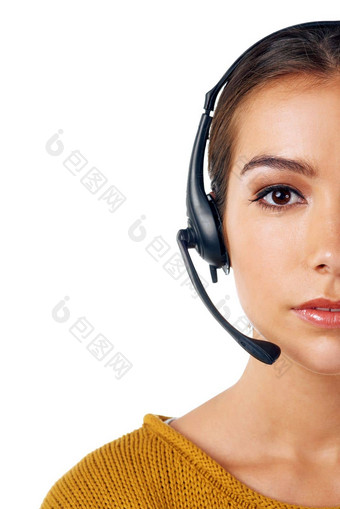 调用中心crm一半脸女人孤立的咨询沟通白色背景电话销售销售肖像女孩耳机桌子上咨询机构工作室