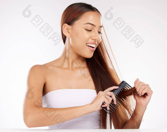 头发美女人工作室梳子<strong>刷牙</strong>样式白色背景模型头发护理<strong>健康</strong>女孩模型梳理长头发纹理梳理清洁模拟