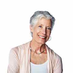 快乐上了年纪的肖像女人工作室快乐的乐观快乐的微笑人健康幸福高级退休人护肤品孤立的白色背景