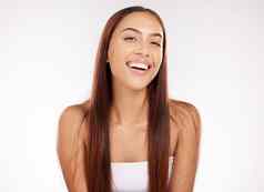 头发肖像女人工作室美头发护理角蛋白治疗产品白色背景模型脸女孩模型巴西巴西发型光滑的健康的